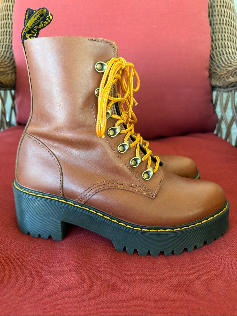 Dr. Martens LEONA Brown Leather Lace-Up Platform Boots - Picture 8 of 11